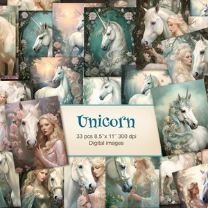 Unicorn. White Horse Girl.  Fantasy Magic Enchanted Forest.  Digital Printable Paper. Instant Download. Junk  Journal Scrapbooking. 32 PACK