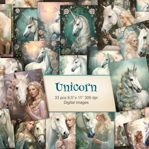 Einhorn. Schimmel.  Fantasy Magie verzauberter Wald.  Digital bedruckbares Papier. Sofort Download. Junk-Journal Scrapbooking. 32 PACK