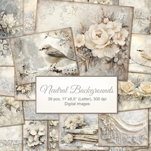 May include: A collection of digital images with neutral-toned backgrounds, showcasing floral and bird designs. The images feature roses, peonies, and a small bird on a branch. The text on the image reads "Neutral Backgrounds, 39 pcs, 27.9cm x 21.6cm (Letter), 300 dpi, Digital images."