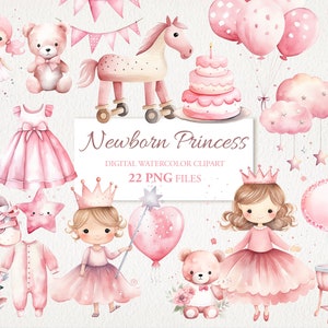 Pacchetto PNG di clipart dell'acquerello di compleanno neonato principessa rosa. Illustrazione AI di arte della scuola materna dei bambini del bambino. Download istantaneo per uso commerciale