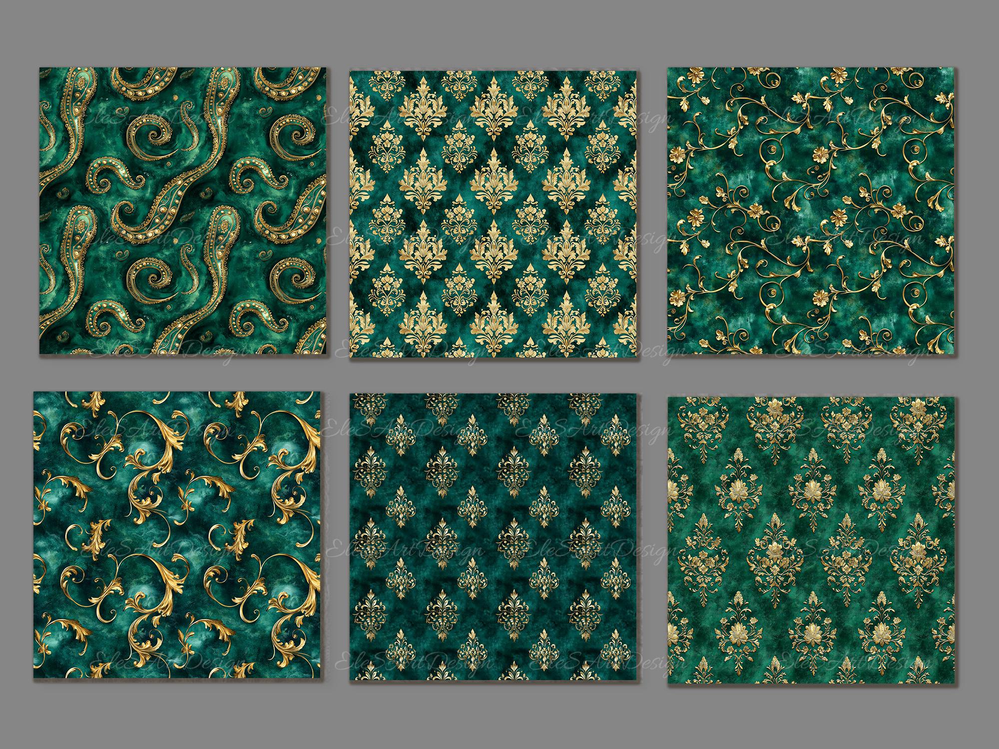 Green Golden Seamless Pattern Paper Pages. Victorian Damask Floral Gold ...