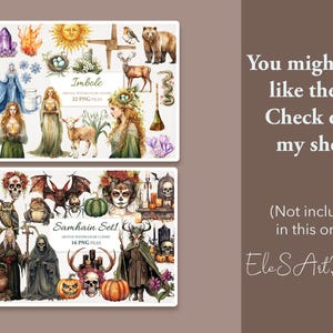 May include: Two digital art sets featuring watercolor illustrations of various pagan symbols. The first set is titled "Imbolc" and features 22 PNG files. The second set is titled "Samhain Sett" and features 16 PNG files.