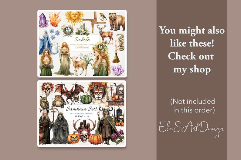 May include: Two digital art sets featuring watercolor illustrations of various pagan symbols. The first set is titled "Imbolc" and features 22 PNG files. The second set is titled "Samhain Sett" and features 16 PNG files.