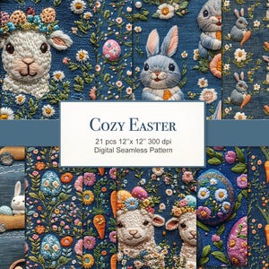 May include: A digital seamless pattern featuring 21 different designs of embroidered bunnies, lambs, carrots, and flowers on a blue denim background. The text "Cozy Easter" is displayed in a white banner.
