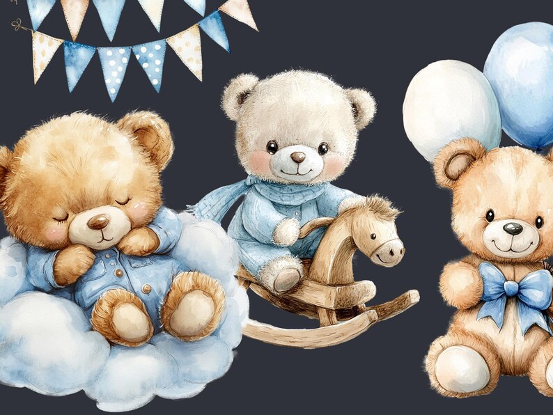 Blue Baby Teddy Bear Watercolor Clipart PNG Bundle. Children Nursery ...