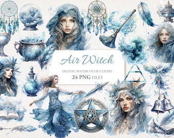 Air Element Witch Witchcraft Watercolor Clipart PNG Bundle. AI Illustration. Instant Download for Commercial Use. Scrapbook Junk Journal