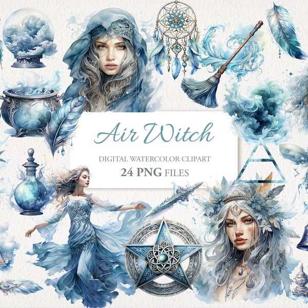 Air Element Witch Witchcraft Watercolor Clipart PNG Bundle. AI Illustration. Instant Download for Commercial Use. Scrapbook Junk Journal