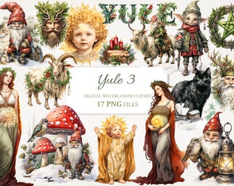 Yule Set3 Wicca Wiccan Celtic Neopagan Watercolor Clipart PNG Bundle. AI Illustration. Commercial Use. Witch Scrapbook Junk Journal