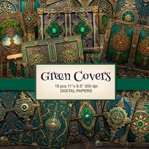 Green Golden Junk Journal Covers. Digital Download. Printable Celtic Vintage Magic Spell Book Cover. Papers, Papers, Scrapbook, Collage.