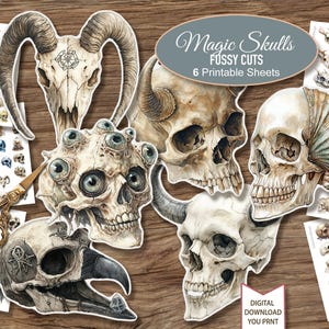 May include: A collection of watercolor-style skull illustrations, including a ram skull, and skulls with horns and multiple eyes. The phrase "Magic Skulls, Fussy Cuts, 6 Printable Sheets" is displayed. A pair of gold scissors and additional skull designs are also present.