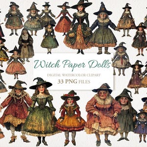Sorcière victorienne Paper Dolls Clipart, illustrations vintage, Witchy Junk Journal éphémères, téléchargement numérique, 33 PNG