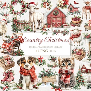 Rot Land gemütlich Weihnachten Winter Aquarell Clipart Bundle. KI Illustration. Kommerzielle Nutzung. Sammelalbum Junk Journal Karten. 42 PNG