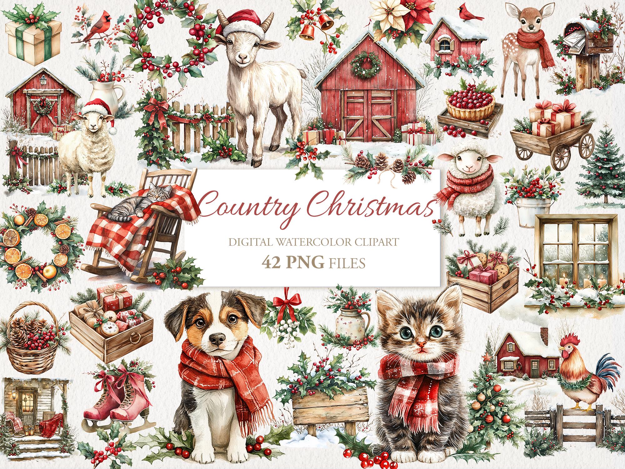 Red Country Cozy Christmas  Winter Watercolor Clipart Bundle. AI Illustration. Commercial Use. Scrapbook Junk Journal Cards. 42 PNG