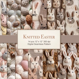 Può includere: Un pacchetto di carta digitale con 14 motivi senza cuciture che presentano coniglietti di Pasqua e uova a maglia in vari colori e trame. I motivi sono di 30,5 cm x 30,5 cm e 300 dpi.