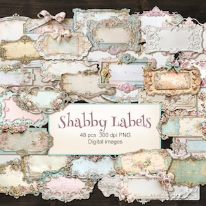 48 etichette PNG Shabby. 4 fogli collage. Cornici vuote vintage vittoriane, etichette per appunti, per diario di oggetti inutili. Download digitale.