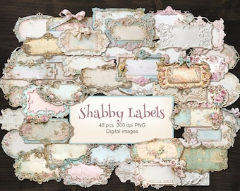 48 PNG Shabby Labels. 4 Collage Sheets. Vintage Victorian Empty Blank Frames Notes Tags for Junk Journal Ephemera. Digital Download.