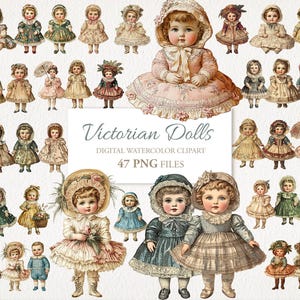 Illustrazione clipart di bambole di carta vittoriane, materiale effimero di diario spazzatura, download digitale, 47 PNG