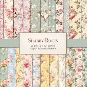 Páginas de papel con estampado de rosas sin costuras y estilo shabby chic. Floral vintage. Uso comercial. Manualidades, scrapbooking y diarios basura. Paquete de 28.