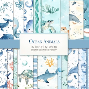 May include: A collection of watercolor digital seamless patterns featuring ocean animals. The patterns include whales, sharks, turtles, and octopuses in shades of blue and white. The text "Ocean Animals" is displayed on a white background, with the dimensions of the patterns listed as 12" x 12".