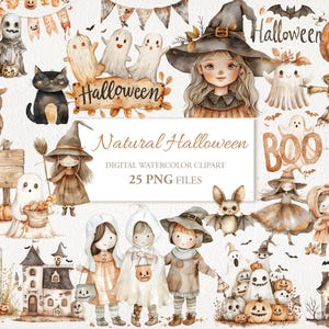 Lot de cliparts naturels Halloween aquarelle. Brun beige. Illustration de l'IA. Utilisation commerciale. Cartes de journal pour scrapbooking. PAQUET DE 25