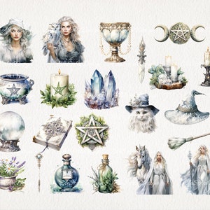 May include: A collection of watercolor illustrations featuring a variety of magical and mystical objects, including a witch's hat, a crystal ball, a cauldron, a unicorn, a broom, a book, a bottle, a candle, a pentagram, a moon, a cat, and a woman in a white dress.