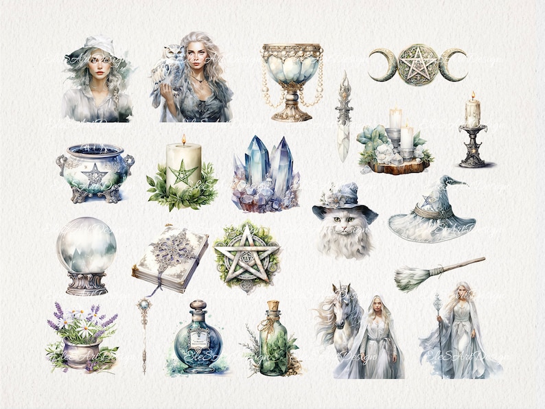 May include: A collection of watercolor illustrations featuring a variety of magical and mystical objects, including a witch's hat, a crystal ball, a cauldron, a unicorn, a broom, a book, a bottle, a candle, a pentagram, a moon, a cat, and a woman in a white dress.