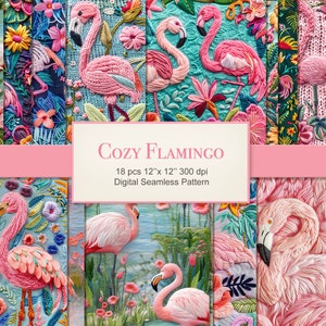 Könnte beinhalten: 18 digitale nahtlose Muster mit rosa Flamingos mit gestickten Details auf einer Vielzahl von bunten Hintergründen. Die Muster sind 30,5 cm x 30,5 cm groß und haben eine Auflösung von 300 dpi. Cozy Flamingo.
