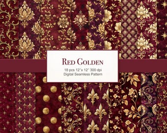 Red Golden Seamless Pattern Paper Pages. Victorian Damask Floral Gold Burgundy. Commercial Use. Crafting, Scrapbook, Junk Journal. 18 PACK