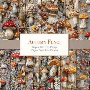 Puede incluir: Un patrón digital sin costuras que presenta 18 diseños diferentes de hongos bordados en colores otoñales sobre un fondo de punto. El patrón mide 30,48 cm por 30,48 cm y 300 dpi. El texto "AUTUMN FUNGI" se muestra en el centro de la imagen.