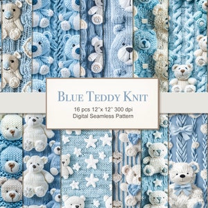 May include: A digital paper pack with 16 seamless patterns featuring blue and white knitted teddy bears. The patterns are 12 inches by 12 inches and 300 dpi.