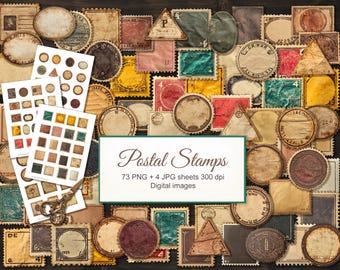 73 PNG Empty Vintage Postal Stamps. Labels Tags for Junk Journal Ephemera. Digital Download. +4 JPG Printable Collage Sheets