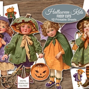 Vintage Halloween Children Paper Dolls, Fussy Cuts, Printable Sheets. Junk Journal Ephemera. Digital Download. 12 JPG