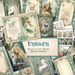 Kit de diario de unicornio. Páginas imprimibles de hadas mágicas: efímeras, marcapáginas, etiquetas, imágenes prediseñadas y sobres. Descarga instantánea.