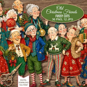 Könnte beinhalten: Eine digitale Sammlung von Illustrationen mit älteren Charakteren in festlicher Weihnachtskleidung, darunter Pullover, Kleider und Schals. Das Bild enthält den Text Old Christmas Friends FUSSY CUTS 36 PNG, 12 JPG.