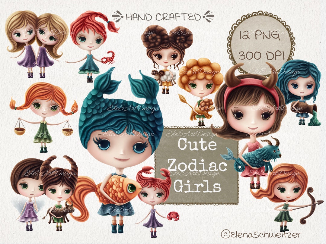 Zodiac Signs Cute Girls Dolls Cartoon Characters. Astrology Hand Crafted Clipart. Nursery
