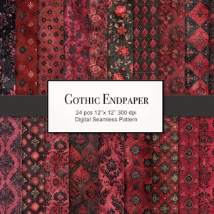 May include: A collection of 24 digital seamless patterns featuring red and black gothic endpaper designs. The image displays various ornate damask, floral, and geometric motifs in deep crimson and charcoal tones, with text reading Gothic Endpaper 24 pcs 12"x 12" 300 dpi Digital Seamless Pattern.