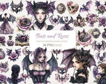 Bats and Roses Gothic Fantasy Watercolor Clipart Bundle. Pink and Black. Commercial Use. Scrapbook Junk Journal. 36 PNG