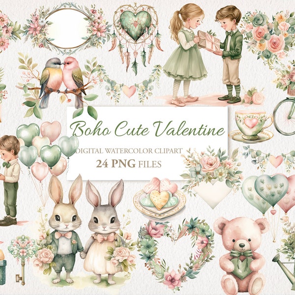 Boho Cute Valentine Watercolor Clipart PNG Bundle. Love Valentine's Day. AI Illustration. Instant Download Commercial Use. Junk Journal