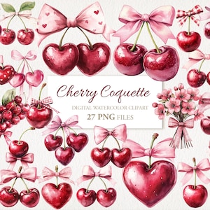 Cherry Coquette Bow Ribbon Watercolor Clipart Bundle. Ciliegie rosse della Borgogna. Uso commerciale. Schede di giornale spazzatura. 27 PNG