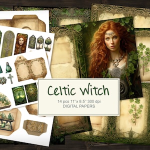 Keltische Hexe Junk Journal Kit. Druckbare Seiten Ephemera, Lesezeichen, Tags, Clipart, Umschläge . AI Illustration Sofort Download