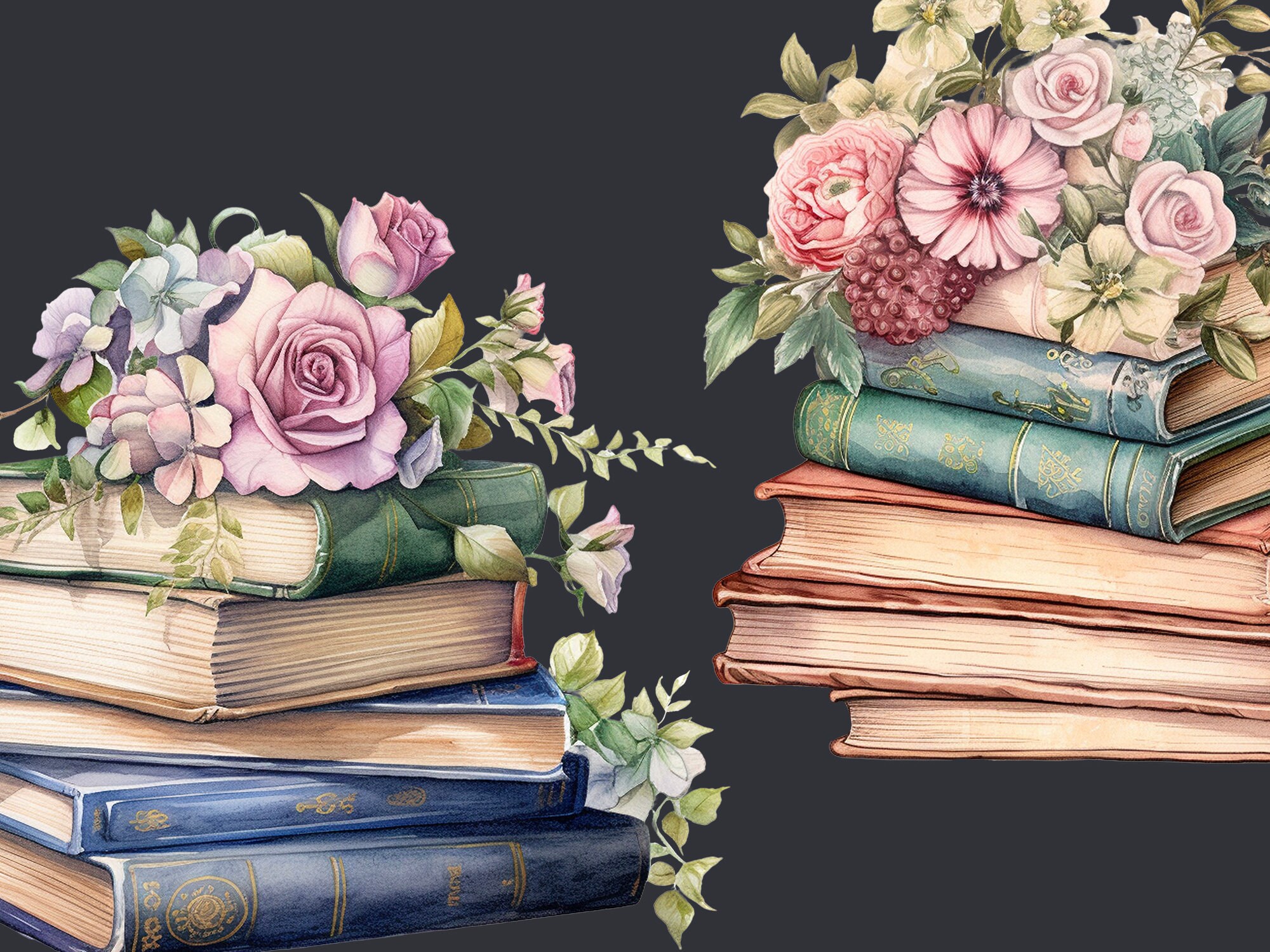 Vintage Book With Flowers Watercolor Clipart PNG Bundle. Floral Retro ...