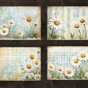 May include: Four digital art prints featuring a vintage, distressed, blue and white gingham background with white daisies. The daisies have yellow centres and are arranged in a cluster on each print.