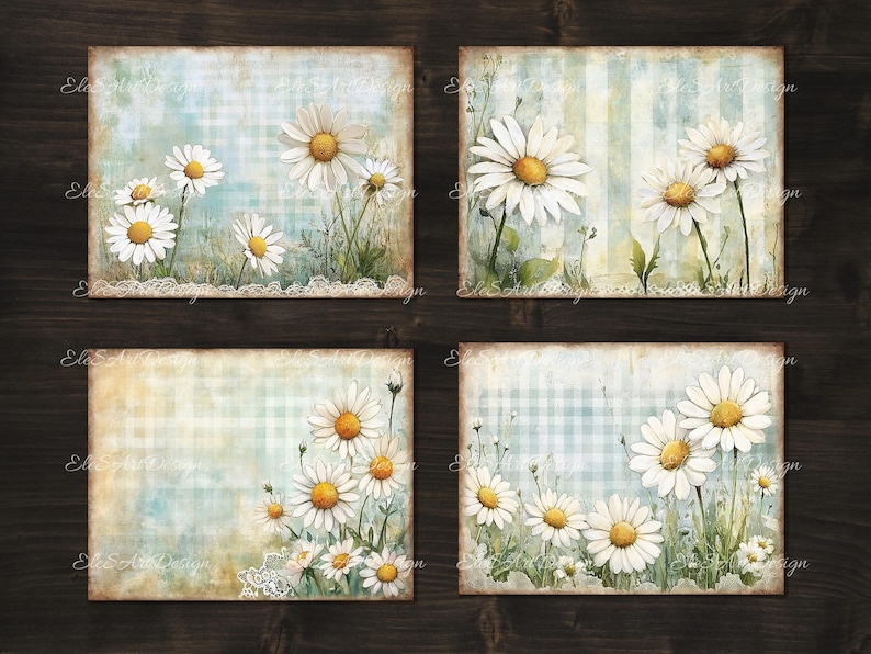 May include: Four digital art prints featuring a vintage, distressed, blue and white gingham background with white daisies. The daisies have yellow centres and are arranged in a cluster on each print.