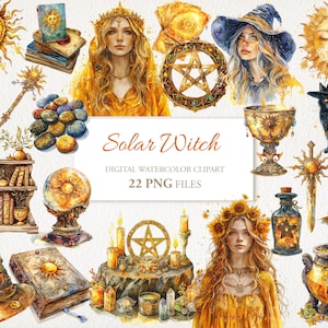 Solar Witch Sun Hekserij Aquarel Wiccan Clipart PNG Bundel. AI-illustratie. Digitaal downloaden. Commercieel gebruik. Plakboek Junk Journal