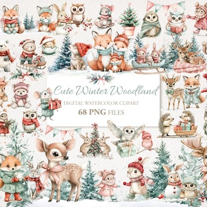 May include: A collection of watercolour clipart featuring winter woodland animals. The image includes foxes, bears, owls, deer, and rabbits, all wearing winter clothes. Text reads "Cute Winter Woodland" and "68 PNG FILES".
