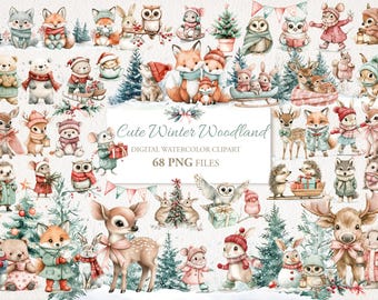 Nursery Winter Woodland Christmas Watercolor Clipart Bundle. Commercial Use. 68 PNG