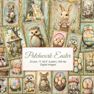 May include: A collection of digital images with an Easter theme. The images feature adorable animals like bunnies, hedgehogs, and mice, along with Easter eggs and decorative houses. The images are 11"x8.5" in size.