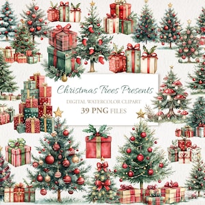 May include: A collection of watercolour Christmas trees and presents. The image shows decorated trees with baubles and bows, alongside wrapped gift boxes in red and green. Text reads "Christmas Trees Presents, Digital Watercolor Clipart, 39 PNG Files."