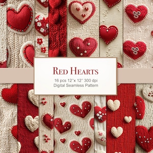 Rote Herzen stricken ein nahtloses Muster. Cottagecore Strickstoff Textur Digitales Papier Bundle. Kommerzielle Nutzung. Sammelalbum Junk Journal. 16ER PACK