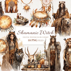Shamanic Witch Shaman Witchcraft Watercolor Clipart PNG Bundle. AI Illustration. Instant Download for Commercial Use. Scrapbook Junk Journal